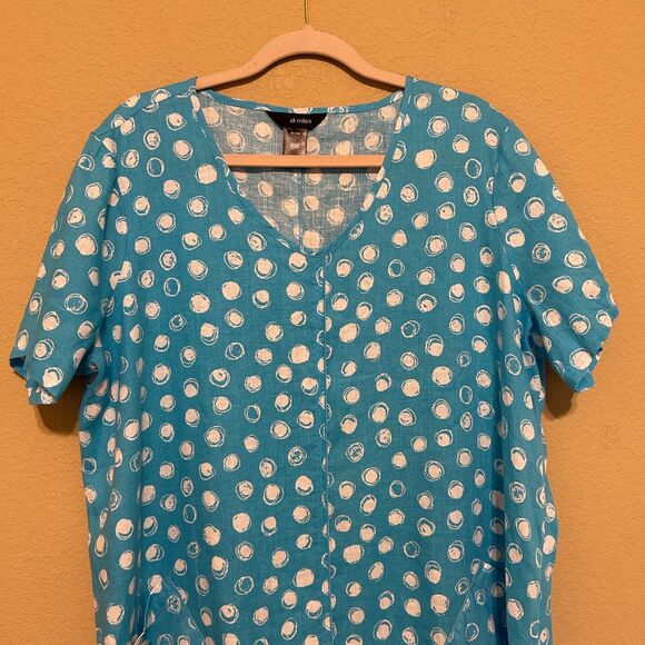Ali Miles Plus Linen Blend Dress Polka Dots V-Neck Short Sleeve A-Line Dress 1X? - Picture 4 of 6